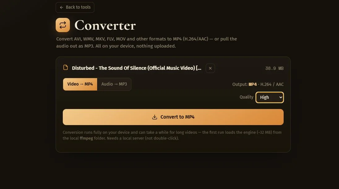 Converter — video to MP4 or audio to MP3