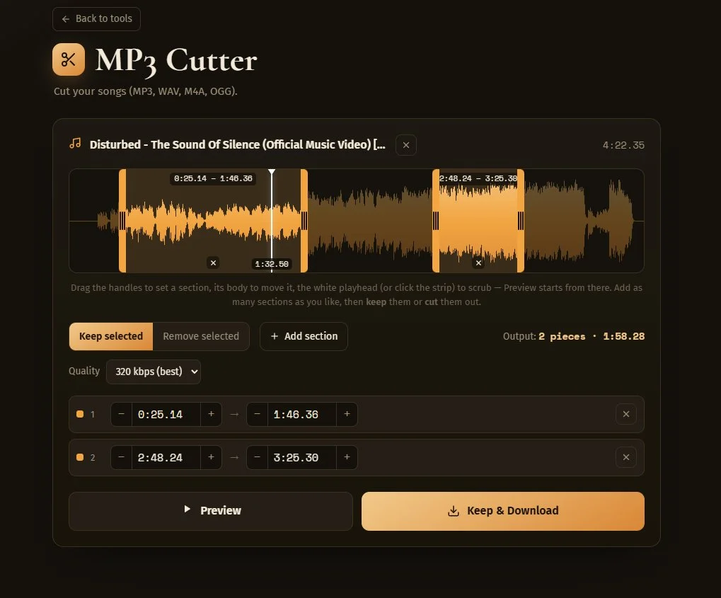 MP3 Cutter — waveform with keep sections