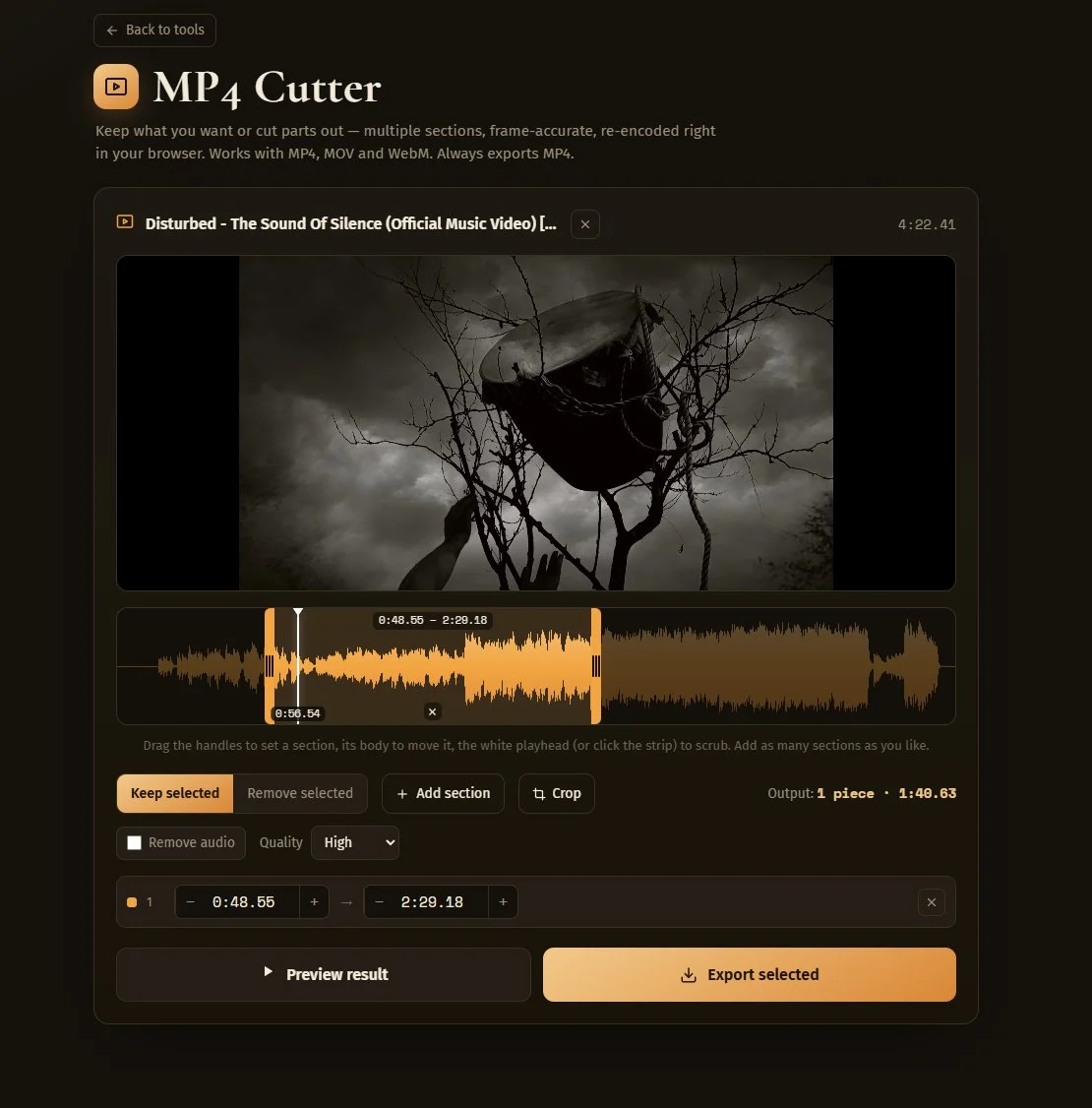MP4 Cutter — video with timeline sections
